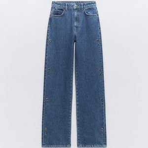 Zara High Rise Full Length Straight Cut Ring Jeans